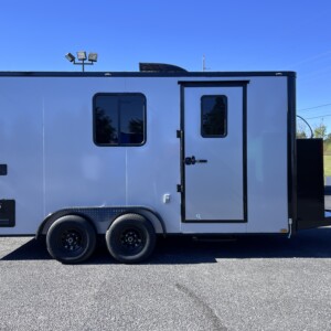 Silverfrost Blackout Legacy Series 7x16 mobile pet grooming trailer with 62-inch Flying Pig tub, K9 II dryer, electric grooming table, solar package, and generator power.