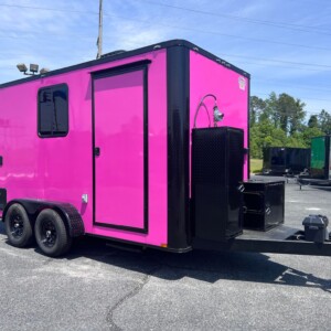 Hot Pink Blackout Legacy Series 7x14 mobile pet grooming trailer with Flying Pig tub, K9 II dryer, electric grooming table, solar package, and generator power.