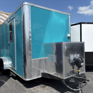 Water Blue 7x14 Genesis Series grooming trailer. Features 50" Flying Pig tub, A/C, full water system, generator box & electrics. Professional look with modern style for sale.