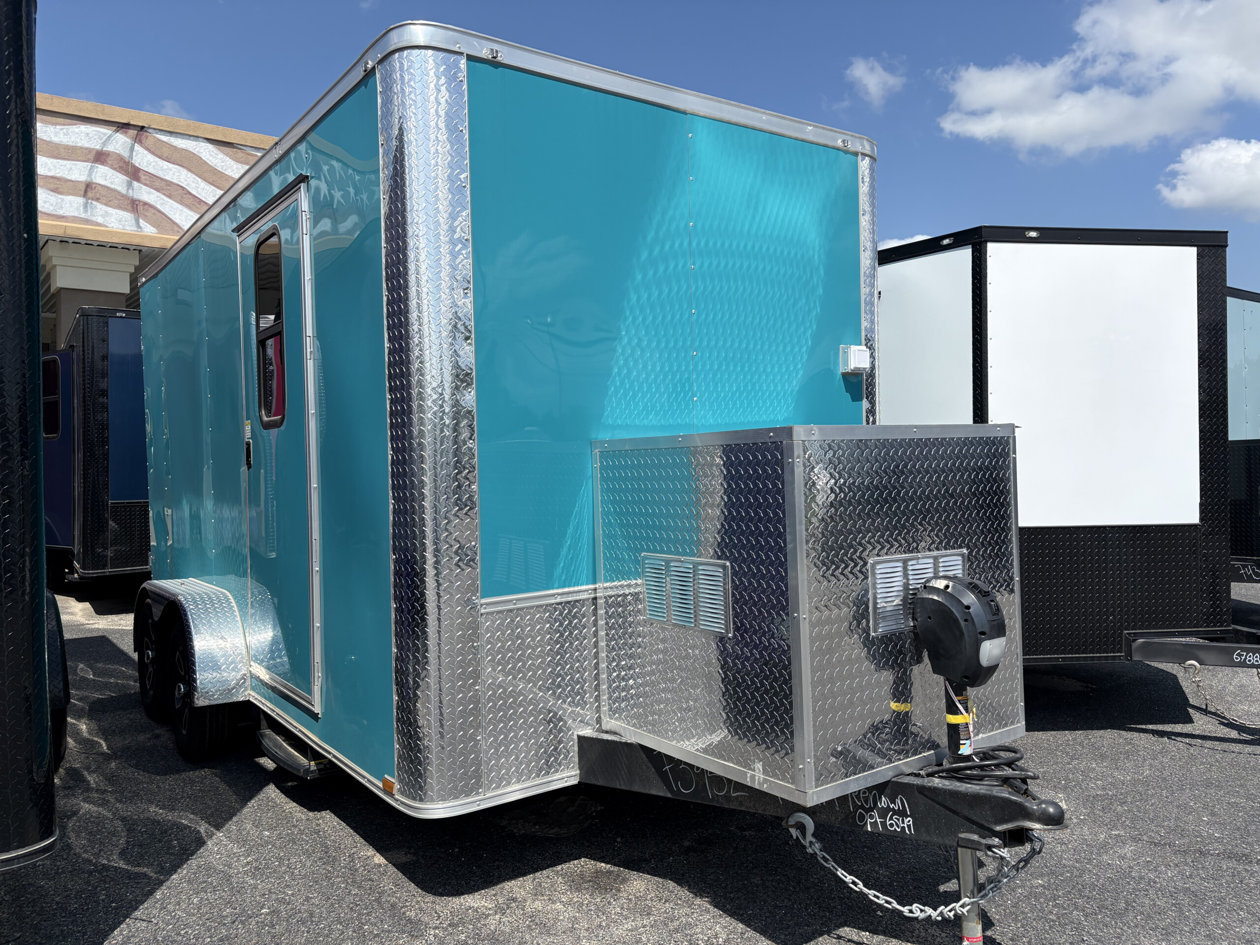 Water Blue 7x14 Genesis Series grooming trailer. Features 50" Flying Pig tub, A/C, full water system, generator box & electrics. Professional look with modern style for sale.