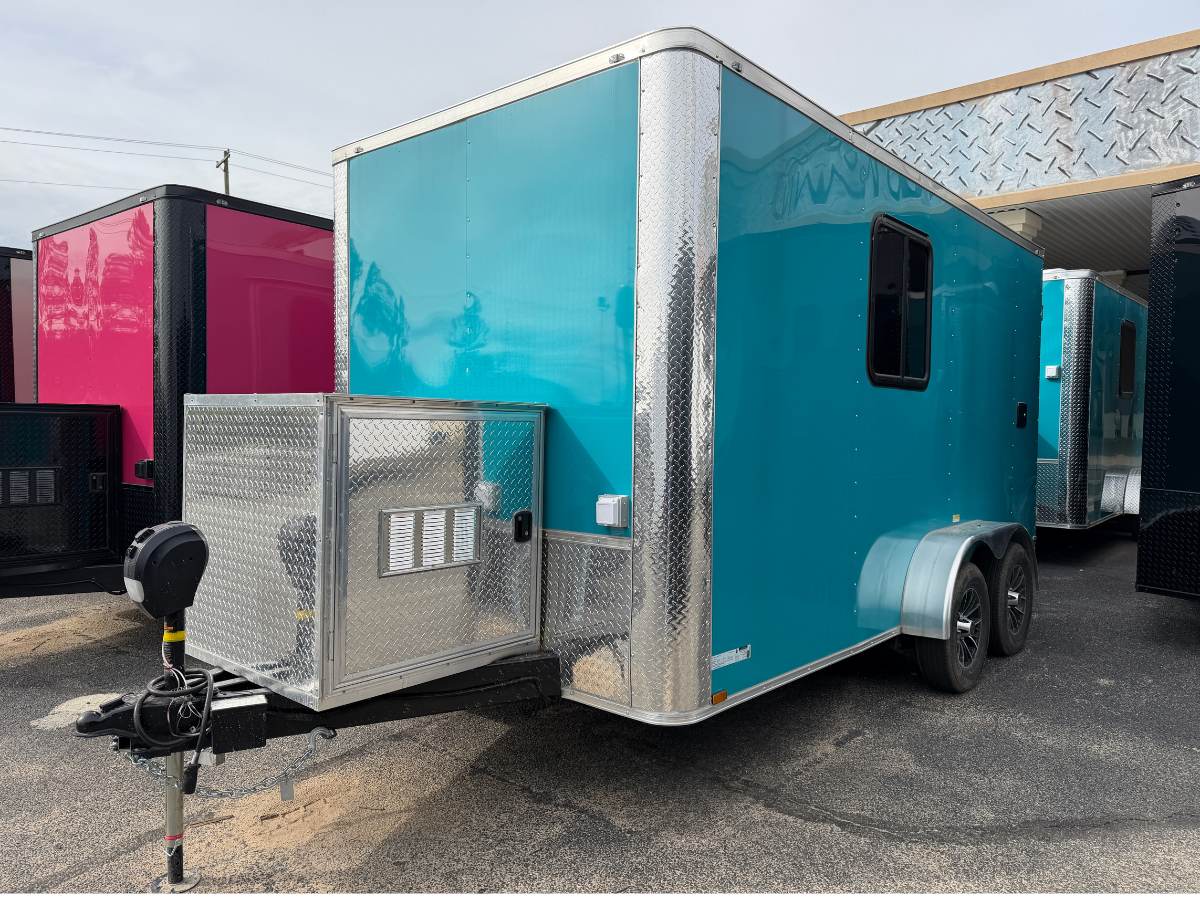 Water Blue Genesis Series 7x14 mobile pet grooming trailer with Polycore exterior, Flying Pig tub, generator box, alloy wheels, and tandem axles.