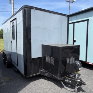 Polar Silver Genesis Series 7x14 mobile pet grooming trailer with blackout trim, mag wheels, electric jack, generator box with slideout tray, and wood-look flooring.