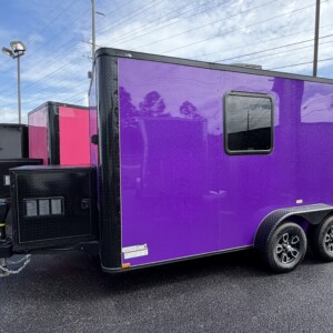 Purple Genesis Series 7x14 mobile pet grooming trailer with blackout trim, mag wheels, electric jack, generator box with slideout tray, and 75-gallon fresh water tank.