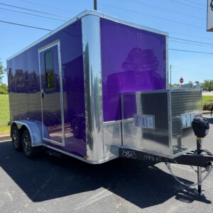 Purple Genesis Series 7x14 mobile pet grooming trailer featuring mag wheels, electric jack, generator box with slideout tray, filigree walls and ceiling, and 15,000 BTU air conditioning.