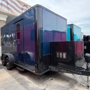 7x14 Indigo Blue Genesis Series Pet Grooming Trailer with Blackout package and 50 inch Flying Pig tub for sale.