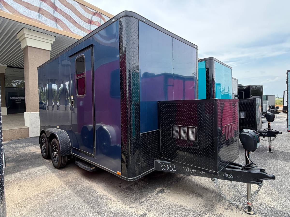 7x14 Indigo Blue Genesis Series Pet Grooming Trailer with Blackout package and 50 inch Flying Pig tub for sale.