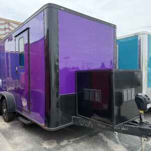 7x14 Purple Genesis Series Pet Grooming Trailer with Blackout package and 50 inch Flying Pig tub for sale.