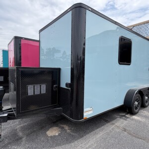 7x14 Grey Blue Genesis Series Pet Grooming Trailer with Blackout package and 50 inch Flying Pig tub for sale.
