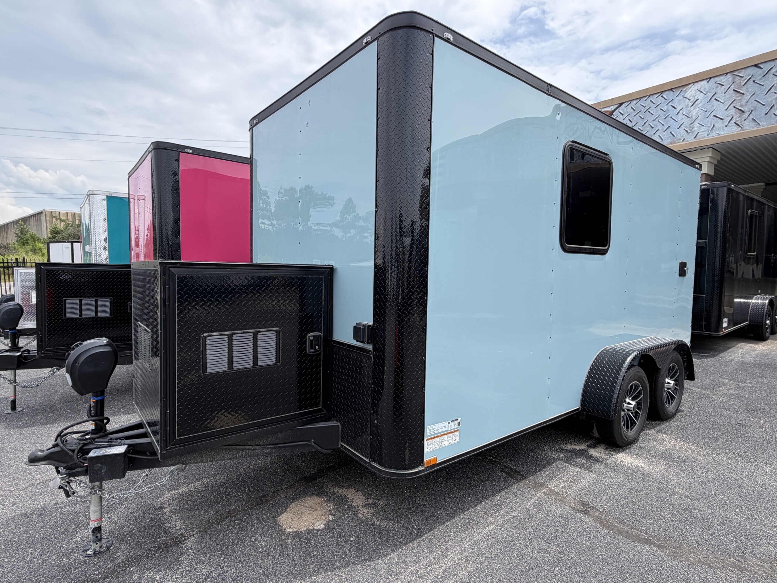 7x14 Grey Blue Genesis Series Pet Grooming Trailer with Blackout package and 50 inch Flying Pig tub for sale.