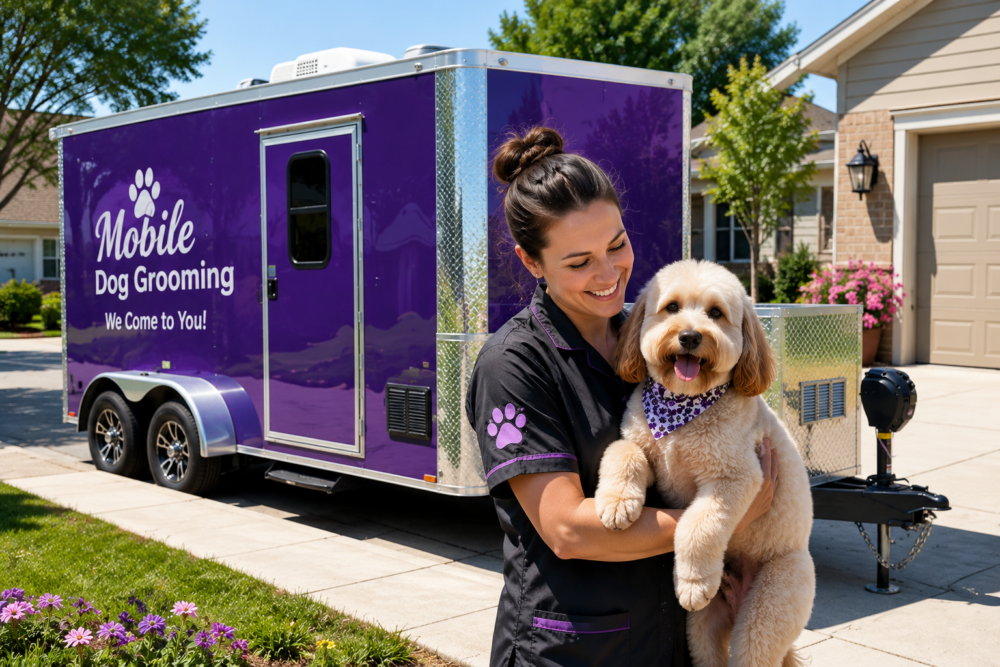 Mobile dog groomer using a grooming trailer at a customer's home